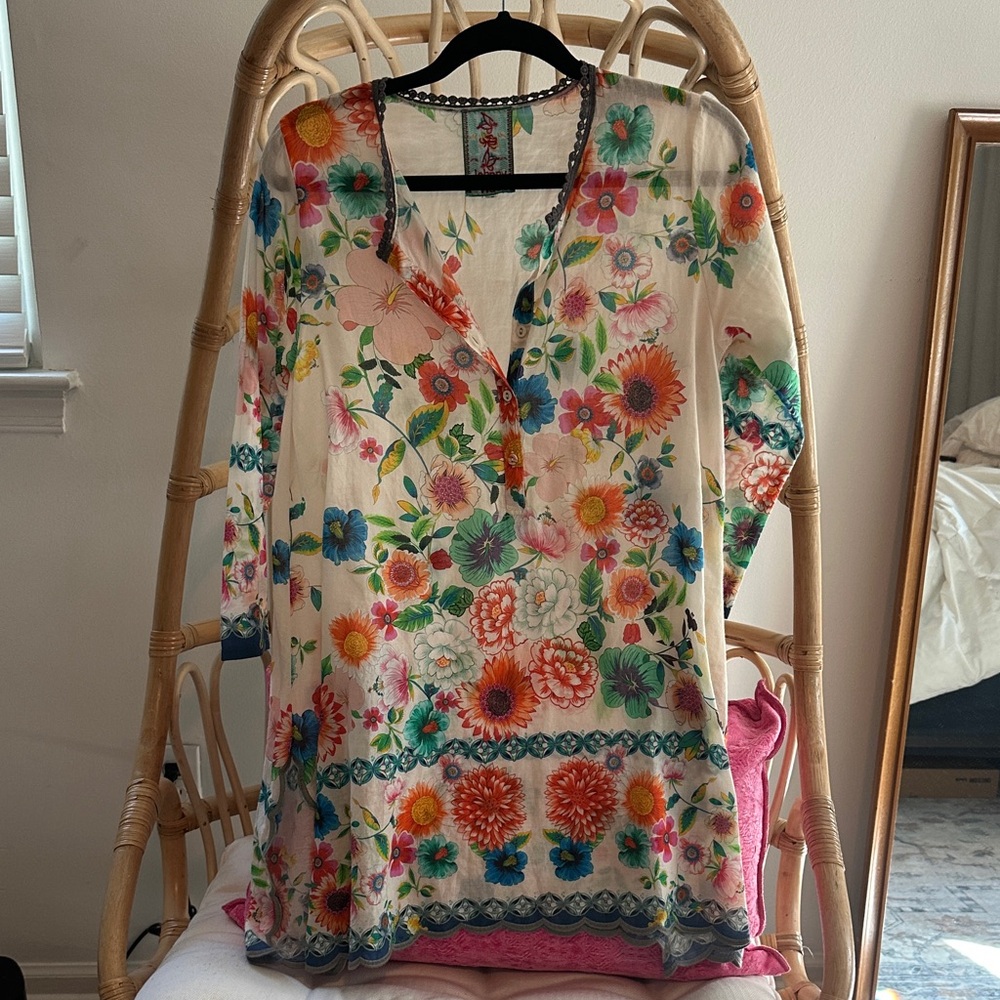 Johnny Was Floral Print Cream Women's Tunic Top - Lightweight Garden Bloom Sz xs